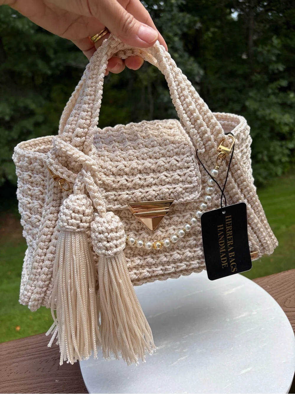 Ivory Crochet Bag, Handmade Boho Purse, Polypropylene Woven Handbag, Tassel